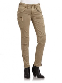 THE LOOKArmy-inspired cargo styleDual angled flap pocketsDual cargo pockets at thighsZip detail at cuffsDual flap pockets with snap closuresTHE FITRise, about 8Inseam, about 27THE MATERIALCotton/elastaneCARE & ORIGINDry cleanImportedModel shown is 5'8 (172½cm) wearing US size Small. THE LOOKArmy-inspired cargo styleDual angled flap pocketsDual cargo pockets at thighsZip detail at cuffsDual flap pockets with snap closuresTHE FITRise, about 8Inseam, about 27THE MATERIALCotton/elastaneCARE & ORIGINDry cleanImportedModel shown is 5'8 (172½cm) wearing US size Small.