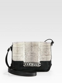 A subtle and chic blend of luxurious nubuck leather, python embossed leather and smooth leather in a petite box frame.Adjustable shoulder strap, 15-19 dropMagnetic slip flap closureOne outside open pocketOne open pocket under flapOne inside zip pocketFully lined9¾W X 8H X 3DImported A subtle and chic blend of luxurious nubuck leather, python embossed leather and smooth leather in a petite box frame.Adjustable shoulder strap, 15-19 dropMagnetic slip flap closureOne outside open pocketOne open pocket under flapOne inside zip pocketFully lined9¾W X 8H X 3DImported