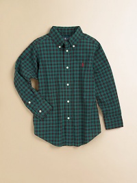 A cotton oxford button-down shirt embroidered with Ralph Lauren's pony offers a handsome, preppy-in-plaid look.Pointed button-down collarLong sleeves with single-button barrel cuffsButton-frontShirttail hemCottonMachine washImported Please note: Number of buttons may vary depending on size ordered. A cotton oxford button-down shirt embroidered with Ralph Lauren's pony offers a handsome, preppy-in-plaid look.Pointed button-down collarLong sleeves with single-button barrel cuffsButton-frontShirttail hemCottonMachine washImported Please note: Number of buttons may vary depending on size ordered.
