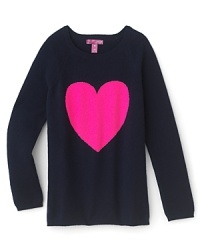 Crafted in luxe cashmere, Aqua's muted intarsia pullover contrasts stunningly with a neon heart emblazoned across the chest. Crafted in luxe cashmere, Aqua's muted intarsia pullover contrasts stunningly with a neon heart emblazoned across the chest.