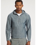 EXCLUSIVELY AT SAKS. Lightweight chambray pullover with partial zip front and attached hood lends an unexpected twist to a casual ensemble.Quarter-zip frontAttached hoodZippered waist pocketsCottonMachine washImported