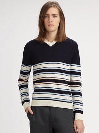 Contemporary collegiate style, for the man on campus and beyond, in a luxurious, multistriped cotton and cashmere blend.V-neckRibbed-knit collar, cuffs and hem85% cotton/10% cashmere/5% woolDry cleanImported Contemporary collegiate style, for the man on campus and beyond, in a luxurious, multistriped cotton and cashmere blend.V-neckRibbed-knit collar, cuffs and hem85% cotton/10% cashmere/5% woolDry cleanImported