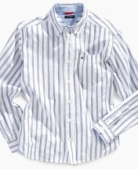 Crisp stripes make this comfortable cotton shirt from Tommy Hilfiger the perfect office casual style. Crisp stripes make this comfortable cotton shirt from Tommy Hilfiger the perfect office casual style.