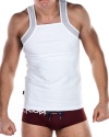 Croota Mens Tank Top, Undershirt, Gymwear, Square Cut, White (Grey Trim)