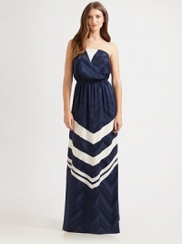 This gorgeous strapless silhouette merges tonal and contrast chevron stripes on a floor-sweeping silk sheath.StraplessBlouson bodiceElastic waistbandAbout 45 from natural waistSilkDry cleanImportedModel shown is 5'9 (175cm) wearing US size Small. This gorgeous strapless silhouette merges tonal and contrast chevron stripes on a floor-sweeping silk sheath.StraplessBlouson bodiceElastic waistbandAbout 45 from natural waistSilkDry cleanImportedModel shown is 5'9 (175cm) wearing US size Small.