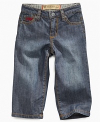 Prepare him for some serious playtime in these adorable, comfy jeans from Guess. Prepare him for some serious playtime in these adorable, comfy jeans from Guess.