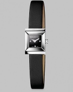 The ultimate day-to-evening design, with a diamond-punctuated bezel, features an elegant satin strap. G-frame stainless steel case, 18mm x 14mm (.70 x .55) Bevel-edged sapphire glass Black lacquered dial set with diamonds Black satin strap Made in Switzerland 