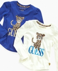 Born to be wild and super adorable with this leopard graphic tee from Guess. Born to be wild and super adorable with this leopard graphic tee from Guess.