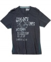 Sharp style. Shoulder epaulets and contrast piping along the sides of this shirt add a touch of the modern to the faded soft cotton of this t-shirt from DKNY Jeans.