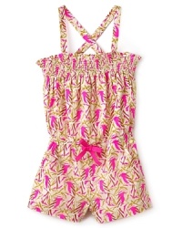 Juicy Couture nails the neon trend with an adorable bird-print jumper with a smocked top and a gathered waist with a pink bow detail. Juicy Couture nails the neon trend with an adorable bird-print jumper with a smocked top and a gathered waist with a pink bow detail.