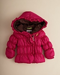 Juicy Couture's cute quilted puffer jacket is all about frilly fun with ruffle trim, large bow accents and goldtone hardware. Juicy Couture's cute quilted puffer jacket is all about frilly fun with ruffle trim, large bow accents and goldtone hardware.