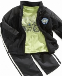Rev up his style with this cute 3-piece set from Kids Headquarters, featuring a racing team patch jacket, sporty pants, and a motorcycle graphic tee. Rev up his style with this cute 3-piece set from Kids Headquarters, featuring a racing team patch jacket, sporty pants, and a motorcycle graphic tee.