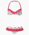 Dainty polka dots and a print of her favorite character on this ruffle bikini from Hello Kitty makes it the perfect pick for a pool party.