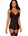 Black Stretch Satin & Lace Garter Slip G-string 2 Piece Set