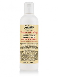 This light-weight, readily-absorbed body lotion helps protect skin from external damage with SPF 30 protection, leaving it soft and smooth all day long. Formulated with antioxidant and skin-smoothing ingredients derived from nature. Absorbs quickly and instantly soothes. Helps skin maintain its natural moisture balance. 8.4 oz. Clean, non-greasy feel Ideal for daily use. 