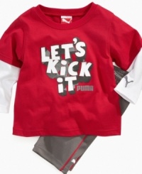 Prepare him for his play-date with this fun graphic t-shirt and pant set from Puma. Prepare him for his play-date with this fun graphic t-shirt and pant set from Puma.