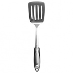 The Silicone Stainless Steel Turner by Oxo International feature brushed stainless steel handles for strength and durability. Oxo International's trademark flexible fins for ultimate comfort. The Turner's oversized head makes it the perfect tool for flipping pancakes, hamburgers and more. Stainless steel construction makes this Turner strong and durable. It features a comfortable handle that nestles in your hand.