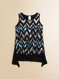 She'll sparkle in this sequin-coated design featuring an eye-catching zigzag pattern in icy hues. ScoopneckSleevelessPull-on styleHi-lo hemRayon/spandex/polyesterHand washMade in USA of imported fabric She'll sparkle in this sequin-coated design featuring an eye-catching zigzag pattern in icy hues. ScoopneckSleevelessPull-on styleHi-lo hemRayon/spandex/polyesterHand washMade in USA of imported fabric