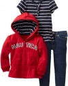 Nautica Sportswear Kids Girls 2-6X Knit Top and Denim Bottom Full Zip Hoodie Sweater Set, Deep Red, 4T