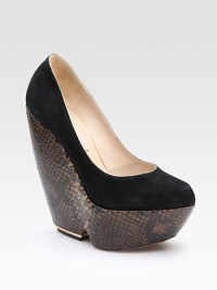 A graphic, statement making-style in suede and python.Python-covered wedge heel, 5¾ (145mm) Covered platform, 2½ (65mm) Compares to a 3¼ heel (80mm) Leather lining and sole Made in ItalyOUR FIT MODEL RECOMMENDS ordering one size up as this style runs small. A graphic, statement making-style in suede and python.Python-covered wedge heel, 5¾ (145mm) Covered platform, 2½ (65mm) Compares to a 3¼ heel (80mm) Leather lining and sole Made in ItalyOUR FIT MODEL RECOMMENDS ordering one size up as this style runs small.
