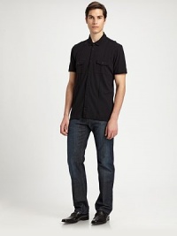 A slim-fitting silhouette with button-flap pockets in plush, tailored cotton.Spread collarButton front50% cotton/50% modalMachine washImported A slim-fitting silhouette with button-flap pockets in plush, tailored cotton.Spread collarButton front50% cotton/50% modalMachine washImported
