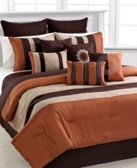 Embroidered circles and swirls commingle with rustic orange and brown tones in this Elston comforter set for a thoroughly warm and enticing look. Comes complete with shams, bedskirt, coverlet and five decorative pillows for incorporating layers of depth and style into your bed. Embroidered circles and swirls commingle with rustic orange and brown tones in this Elston comforter set for a thoroughly warm and enticing look. Comes complete with shams, bedskirt, coverlet and five decorative pillows for incorporating layers of depth and style into your bed.