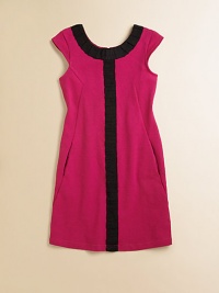 Intricate seaming and pleated velvet ribbons define this cap-sleeved, ponte dress that's perfectly party-ready.Round necklineCap sleevesBack zipperFront slash pocketsCotton/Polyester/SpandexMachine washImported Intricate seaming and pleated velvet ribbons define this cap-sleeved, ponte dress that's perfectly party-ready.Round necklineCap sleevesBack zipperFront slash pocketsCotton/Polyester/SpandexMachine washImported