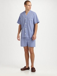 The perfect combination of comfort and fit, rendered in ultra soft, breathable cotton. Machine wash. Imported.SHIRTButtonfrontV-neck collarChest patch pocketSHORTSAdjustable two-button waistButton flyNo pocketsInseam, about 3½ The perfect combination of comfort and fit, rendered in ultra soft, breathable cotton. Machine wash. Imported.SHIRTButtonfrontV-neck collarChest patch pocketSHORTSAdjustable two-button waistButton flyNo pocketsInseam, about 3½