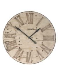 Hit the big time. At three feet wide, the Harrington clock makes a bold impact with its antiqued wooden face and gently distressed edge. Hours, minutes and seconds pass with rustic metal hands. Hit the big time. At three feet wide, the Harrington clock makes a bold impact with its antiqued wooden face and gently distressed edge. Hours, minutes and seconds pass with rustic metal hands.