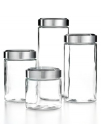 Freshen up. Transform your kitchen with these smart canisters that bring new life to snacks, ingredients and other cooking essentials by trapping in freshness and keeping out moisture and air. An attractive accent for your countertop or pantry, each glass jar has a stainless steel screw-top lid. Limited lifetime warranty. Freshen up. Transform your kitchen with these smart canisters that bring new life to snacks, ingredients and other cooking essentials by trapping in freshness and keeping out moisture and air. An attractive accent for your countertop or pantry, each glass jar has a stainless steel screw-top lid. Limited lifetime warranty.