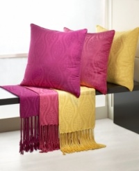 Bold and bright, the Ogee throw from Natori uplifts your decor with its brilliant summery hue and intricate tone-on-tone, reversible pattern. Featuring fringe detail. Bold and bright, the Ogee throw from Natori uplifts your decor with its brilliant summery hue and intricate tone-on-tone, reversible pattern. Featuring fringe detail.