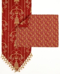 Prepare your table for an elegant meal with this Vase table runner, featuring an ornate vase pattern with leaves and flourishes all in dramatic red and gold hues. Finished with metallic gold trim for a chic touch. Prepare your table for an elegant meal with this Vase table runner, featuring an ornate vase pattern with leaves and flourishes all in dramatic red and gold hues. Finished with metallic gold trim for a chic touch.