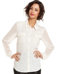 Go for unexpected sparkle with this sequin-sprayed Kensie chiffon blouse -- oh-so chic for an understated dressy look!