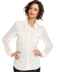 Go for unexpected sparkle with this sequin-sprayed Kensie chiffon blouse -- oh-so chic for an understated dressy look! Go for unexpected sparkle with this sequin-sprayed Kensie chiffon blouse -- oh-so chic for an understated dressy look!