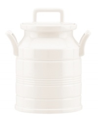 From farm to table, this Milk Can canister acts as both storage and decoration for country-style kitchens. Subtle detailing echoes the ringed Tin Can Alley dinnerware motif in creamy white porcelain. From farm to table, this Milk Can canister acts as both storage and decoration for country-style kitchens. Subtle detailing echoes the ringed Tin Can Alley dinnerware motif in creamy white porcelain.