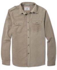 Add this military-inspired shirt from Guess to your rotation of fall-weather wear. Add this military-inspired shirt from Guess to your rotation of fall-weather wear.
