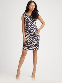 Abstract chevron stripes add a bold touch to this fitted cotton sheath.Square necklineAsymmetrical cap sleevesSet-in waistPrincess seamsAbout 20 from natural waist97% cotton/3% spandexDry cleanMade in USA of imported fabricModel shown is 5'10 (177cm) wearing US size 4. Abstract chevron stripes add a bold touch to this fitted cotton sheath.Square necklineAsymmetrical cap sleevesSet-in waistPrincess seamsAbout 20 from natural waist97% cotton/3% spandexDry cleanMade in USA of imported fabricModel shown is 5'10 (177cm) wearing US size 4.