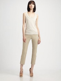 Scoop neck striped cotton knit.Scoopneck with rib-knit trimSleevelessRib-knit hemline95% cotton/5% elastaneMade in SwitzerlandModel shown is 5'9 (175cm) wearing US size 4. Scoop neck striped cotton knit.Scoopneck with rib-knit trimSleevelessRib-knit hemline95% cotton/5% elastaneMade in SwitzerlandModel shown is 5'9 (175cm) wearing US size 4.