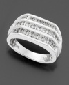 This handsome ring is gleaming with good cheer and three rows of round-cut diamonds (1 ct. t.w.). Set in 14k white gold.