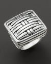 A stunning silver ring from John Hardy's Bedeg collection, with woven square setting and filigree etching at sides.