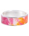 Channel the exoticism and energy of Brasil in Haskell's inspired skinny bangle. The Palm bangle features a pink and orange palm leaf print design, set in silver tone mixed metal with a hinge clasp. Approximate diameter: 2-1/2 inches. Approximate length: 8 inches. Item comes packaged in a pink gift box.