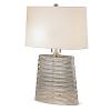 Clear seeded glass with dark antiqued nickel accents. On-off double pull chains. Oval off-white linen shade with rolled edge hem.