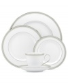 Spun with shimmering platinum, the Belle Haven place setting by Lenox has all the elegance of white china – with a playful twist! Delicate beading and bands of soft pewter add to its enchanting style.