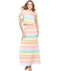 Jessica Simpson's dress is totally on-trend for spring, blending a rainbow of pastel-colored, wavy stripes on a chic maxi silhouette.