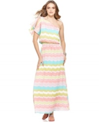 Jessica Simpson's dress is totally on-trend for spring, blending a rainbow of pastel-colored, wavy stripes on a chic maxi silhouette. Jessica Simpson's dress is totally on-trend for spring, blending a rainbow of pastel-colored, wavy stripes on a chic maxi silhouette.