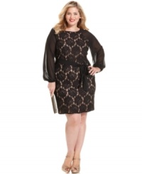 Jessica Howard's plus size lace dress looks stunning with sheer bishop sleeves and a self-tie sash. Jessica Howard's plus size lace dress looks stunning with sheer bishop sleeves and a self-tie sash.