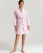 A long sleeve seersucker robe with lace and ruffle trim, a girlish style from Eileen West.