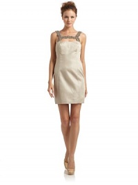 THE LOOKScalloped, bead embellished neck with cutoutAllover jacquard woven metallic constructionSide zip closureTHE FITAbout 33 from shoulder to hemTHE MATERIALBody: polyester/metallicContrast: polyesterFully linedCARE & ORIGINDry cleanImportedModel shown is 5'9 (175cm) wearing US size 4. THE LOOKScalloped, bead embellished neck with cutoutAllover jacquard woven metallic constructionSide zip closureTHE FITAbout 33 from shoulder to hemTHE MATERIALBody: polyester/metallicContrast: polyesterFully linedCARE & ORIGINDry cleanImportedModel shown is 5'9 (175cm) wearing US size 4.