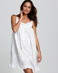 A sleeveless night gown with floral embroidery, lace and ruffle trim, a lovely bedtime look from Eileen West. A sleeveless night gown with floral embroidery, lace and ruffle trim, a lovely bedtime look from Eileen West.