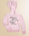 This ultra-cozy varsity hoodie is adorned with happy, vintage-inspired script.Attached hoodLong sleevesPullover styleRibbed cuffs and hem50% cotton/50% spandexMachine washMade in USA